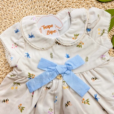 Vestido com Florzinhas e Laço - Areia e Azul Bebê
